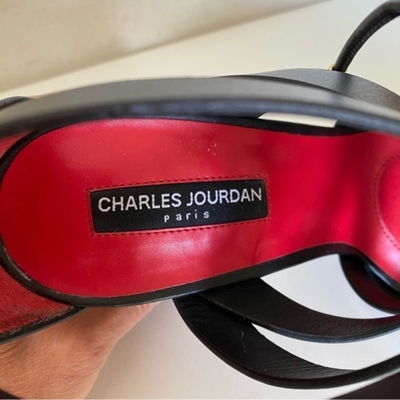 Charles Jourdan Black Leather Lace Up Wrap Detail Block Heels Sandals 10 - Picture 6 of 17